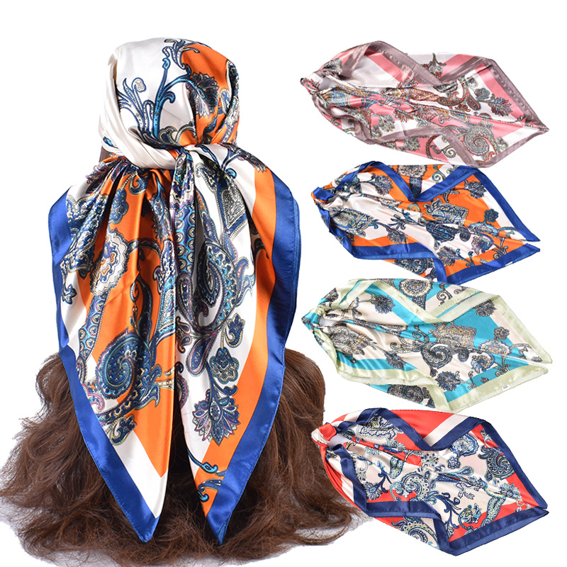 Elegant Silk Feeling Square Scarf Stylish Flower Pattern Sunscreen