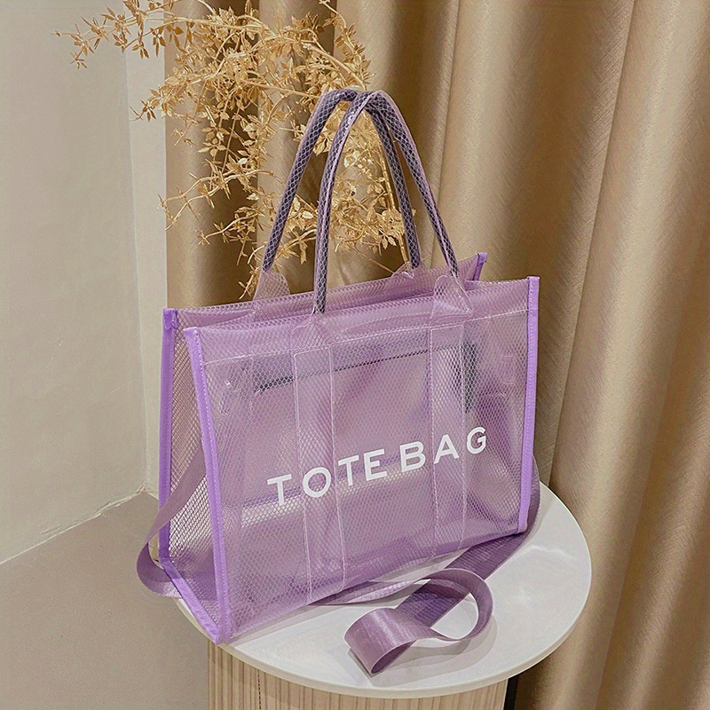 Large Capacity Transparent Tote Bag, Fashion Casual Plastic Handbag With  Letter Print, Women's Simple Versatile Shoulder Bag & Purse - Temu