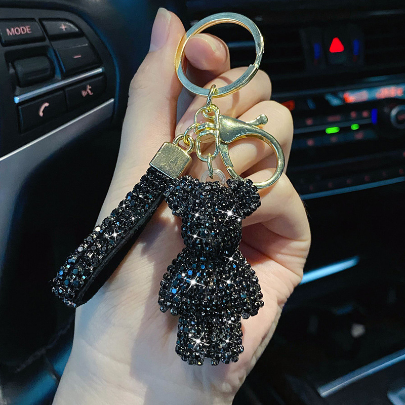 unique fun keychain gift for girls pure handmade diy inlay full of artificial diamond cute bear car keychain pendants and bag ornaments black 6