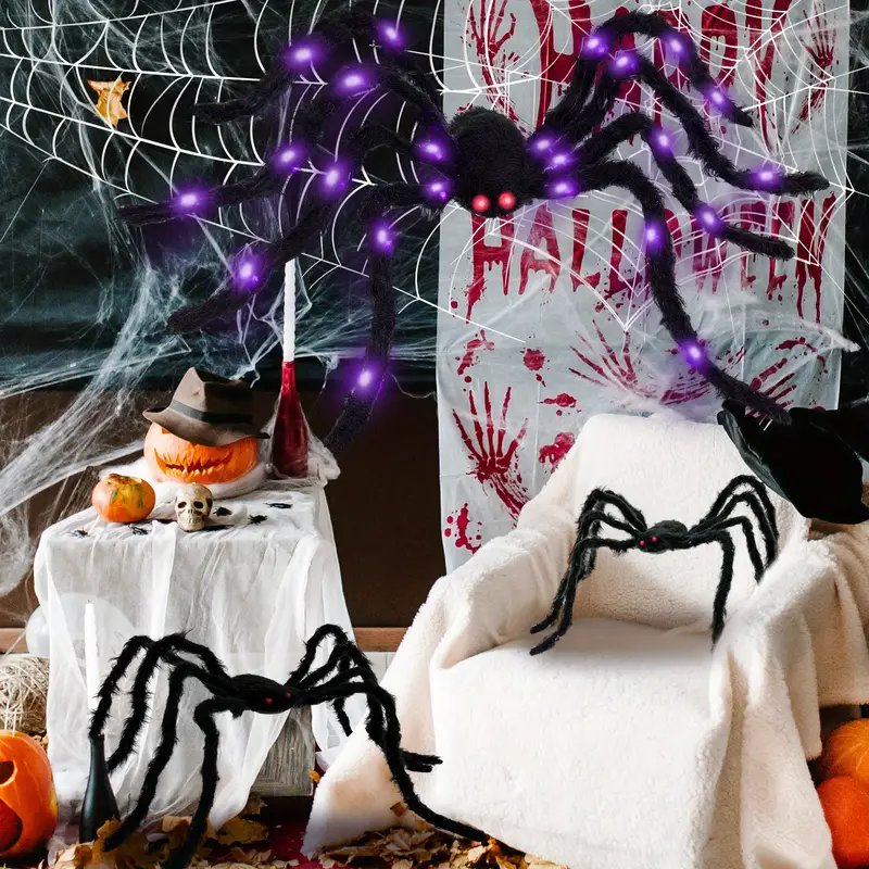2pcs  halloween spider decoration realistic hairy spiders set halloween spider props decorations 1 1 5m 1 1 25m glowing spider cobweb halloween decorations for house garden indoor outdoor scary theme details 5