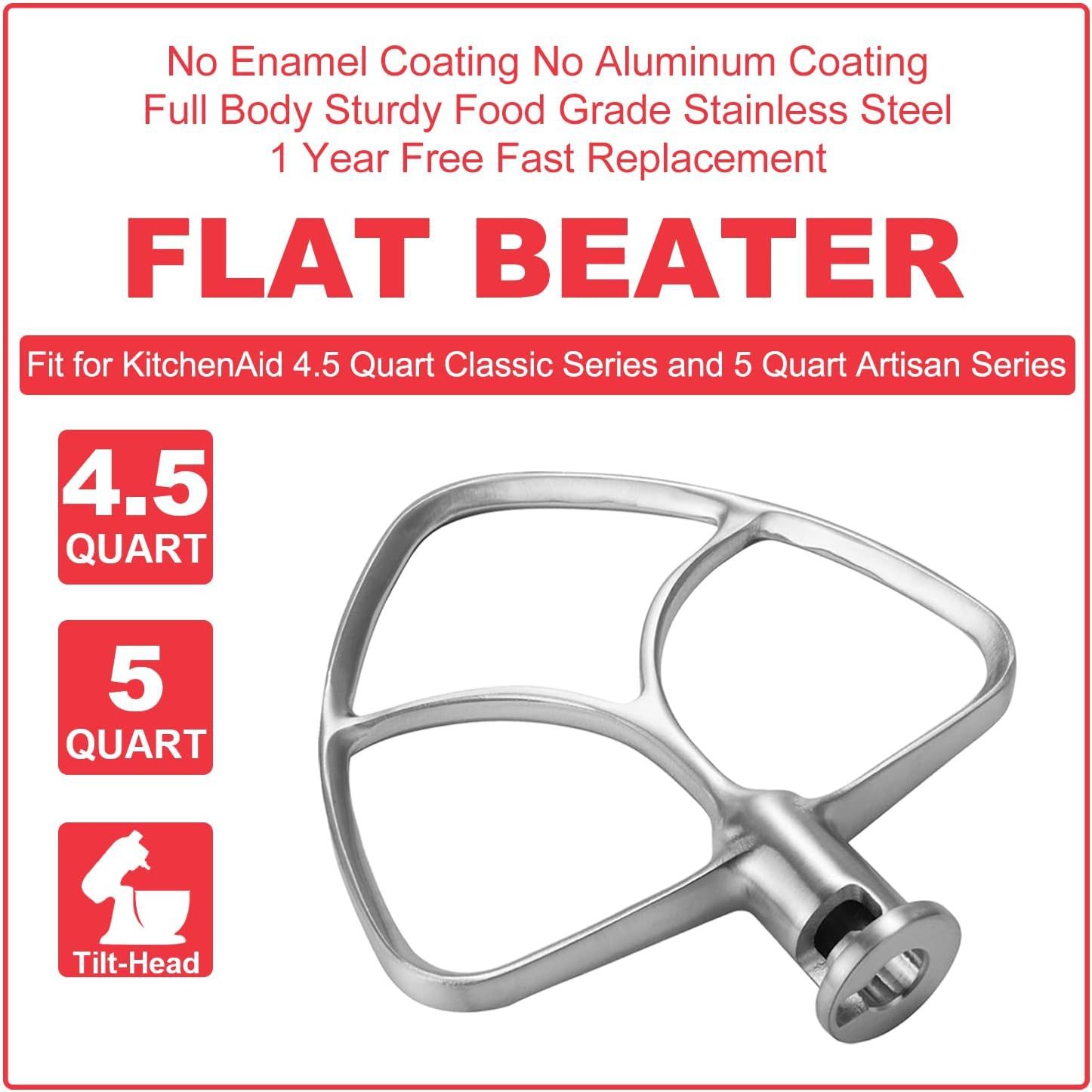 Stainless Steel Flat Beater for KitchenAid Mixer, Paddle Attachment for  Tilt-Head Stand Mixer Fits 4.5-5 QT Mixing Bowl, Beater Replacement