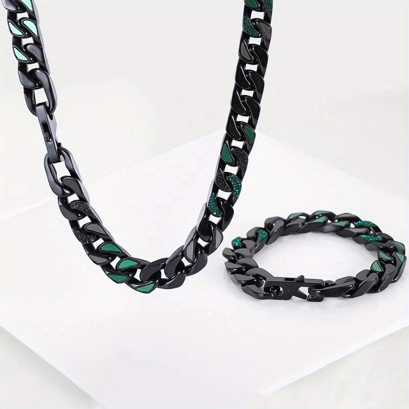 Punk Style Bracelet & Necklace Set For Men - Cuban Stainless Steel Black  Bracelet Chains - Temu