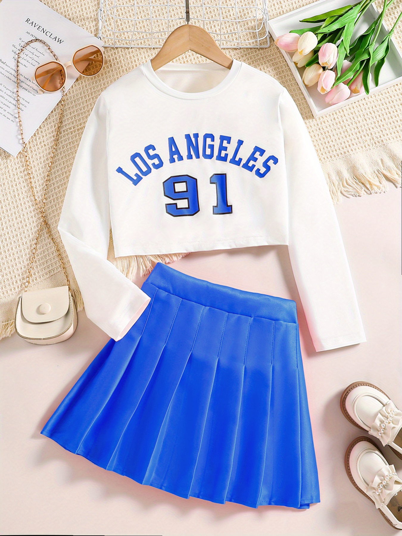 Girl's Preppy Style Outfit Sweatshirt Pleated Skirt Set Los - Temu