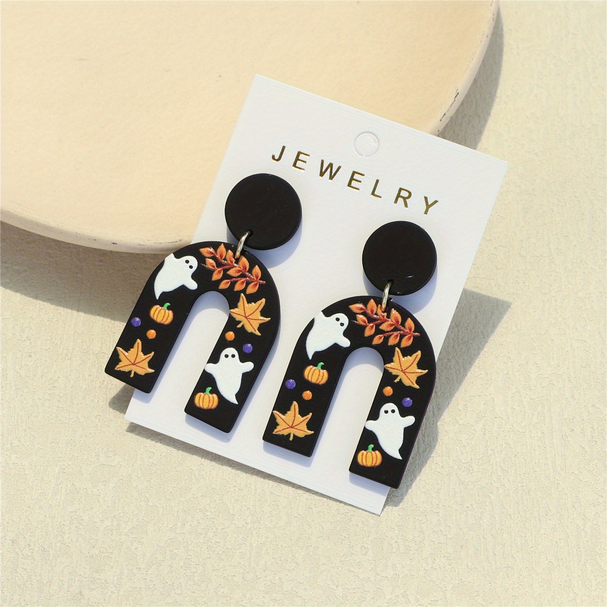TEMU Black U Shape With Maple Leaf Ghost Pumpkin Pattern Dangle Earrings Polymer Clay Texture Cute Style Halloween Female Gift