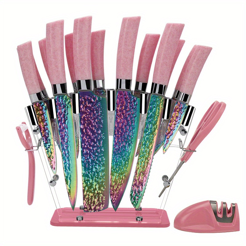 18pcs/set, Stainless Steel Kitchen Knife Set With Knife Storage Rack, Macaron Hammer Pattern Forging Knife, Chef Knife, Kitchen Knife, Sande Knife, Fruit Knife, Peeler, Kitchen Scissors, Knife Sharpener, Kitchen Utensils, Kitchen Supplies