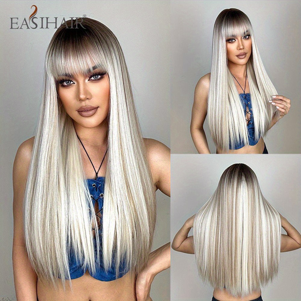 A Silvery Gradient Long Straight Wig With A Qi Liu Hai Style For Women, Made Of Matte High-temperature Fiber, Featuring A Breathable Cap