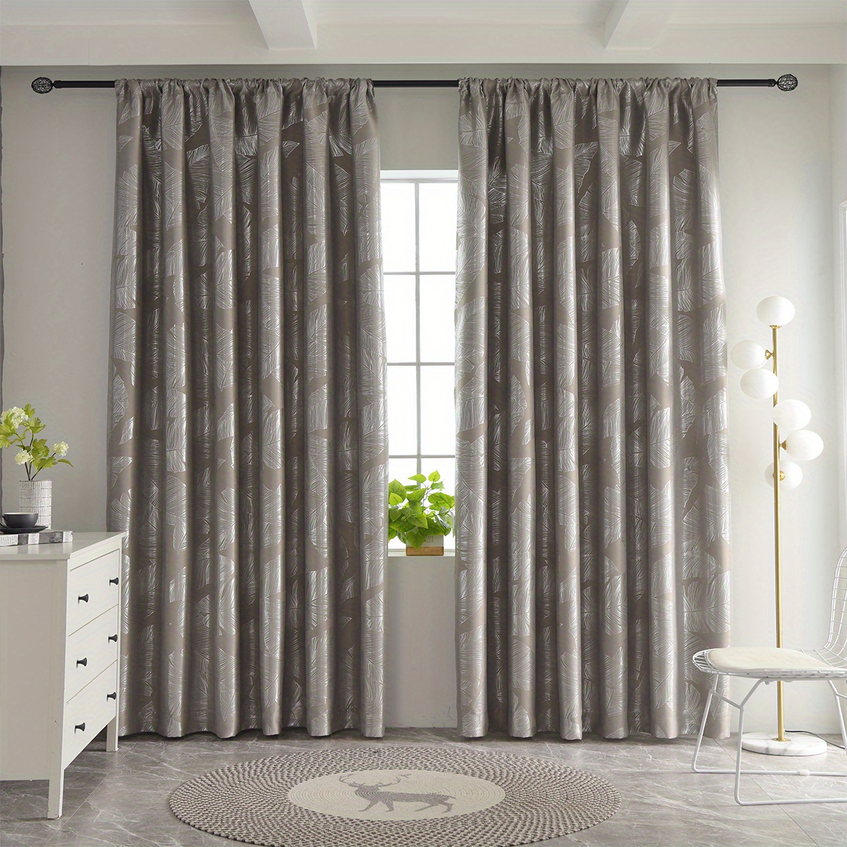 1pc Silvery Leaf Blackout Curtain