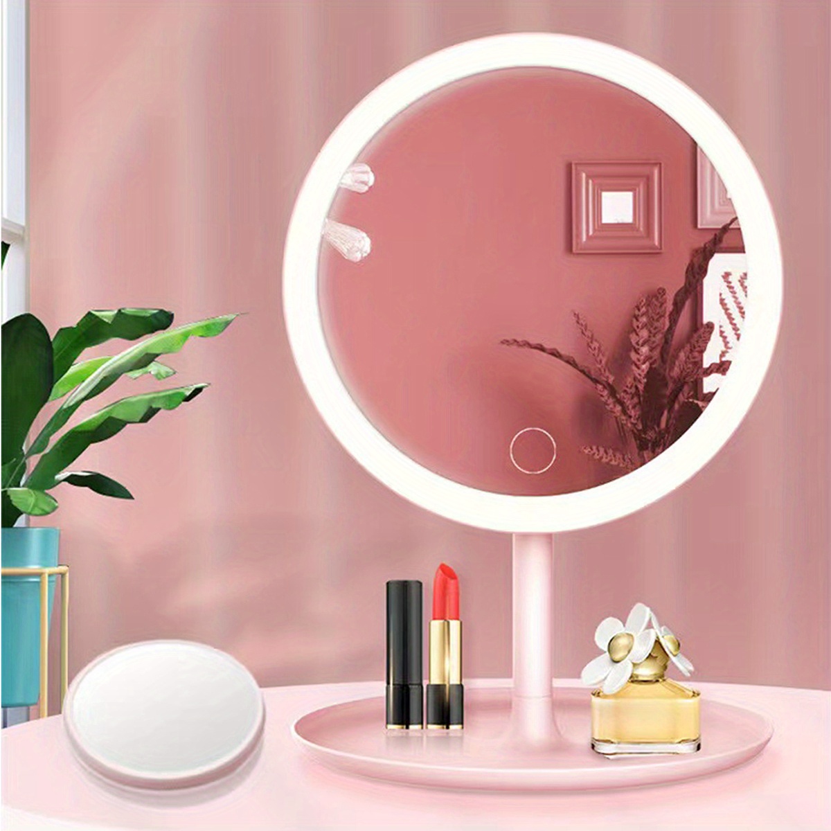  ELLE Premiere Espejo de maquillaje redondo iluminado con base  de almacenamiento organizador de maquillaje, espejo de tocador con luz LED  con brillo ajustable, portátil e inalámbrico, funciona con pilas : Belleza