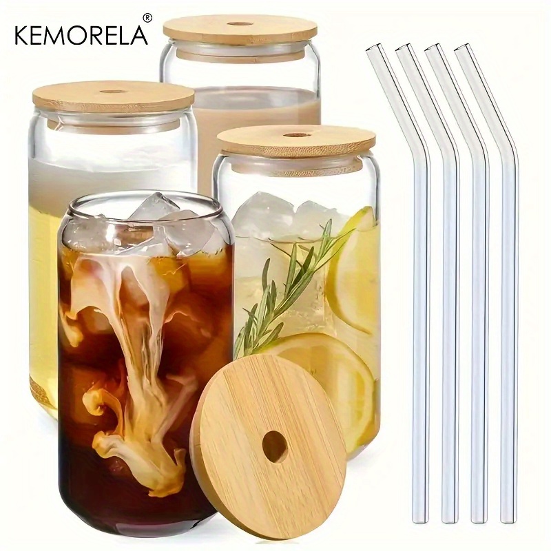 Drinking Glasses with Lids Glass Straw Cup Set 13oz Can Shaped
