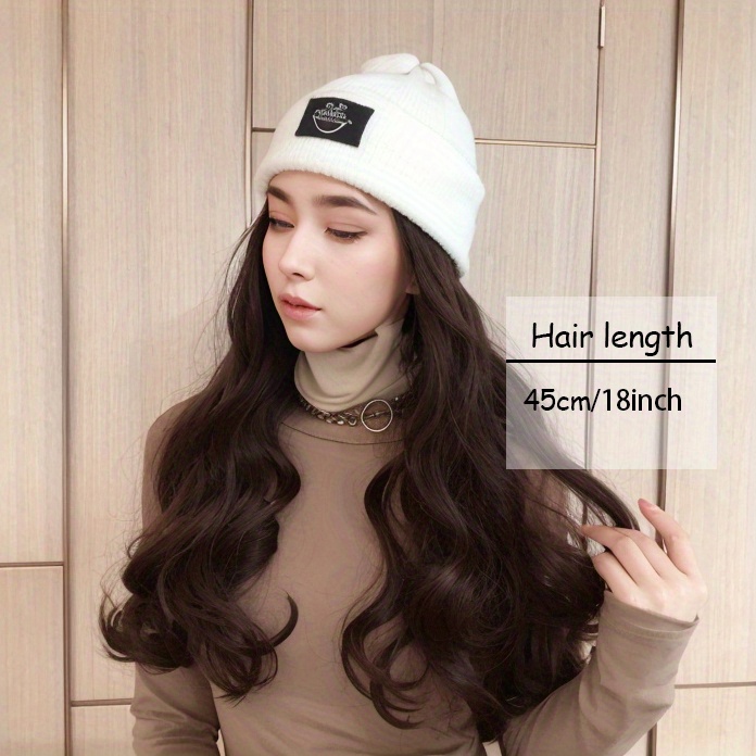 Knit Hat Wigs Long Wavy Black Curly Hair Extensions Wig Warm - Temu ...