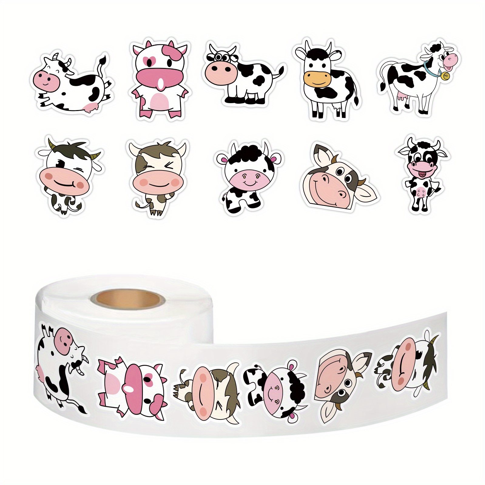 Image of Roll Of Strawberry Cow Stickers | 500pcs Of Vinyl Decals For Bikes, Water Bottles, Laptops, Refrigerators, Cups, Luggage, Computers, Mobile Phones, And Skateboards