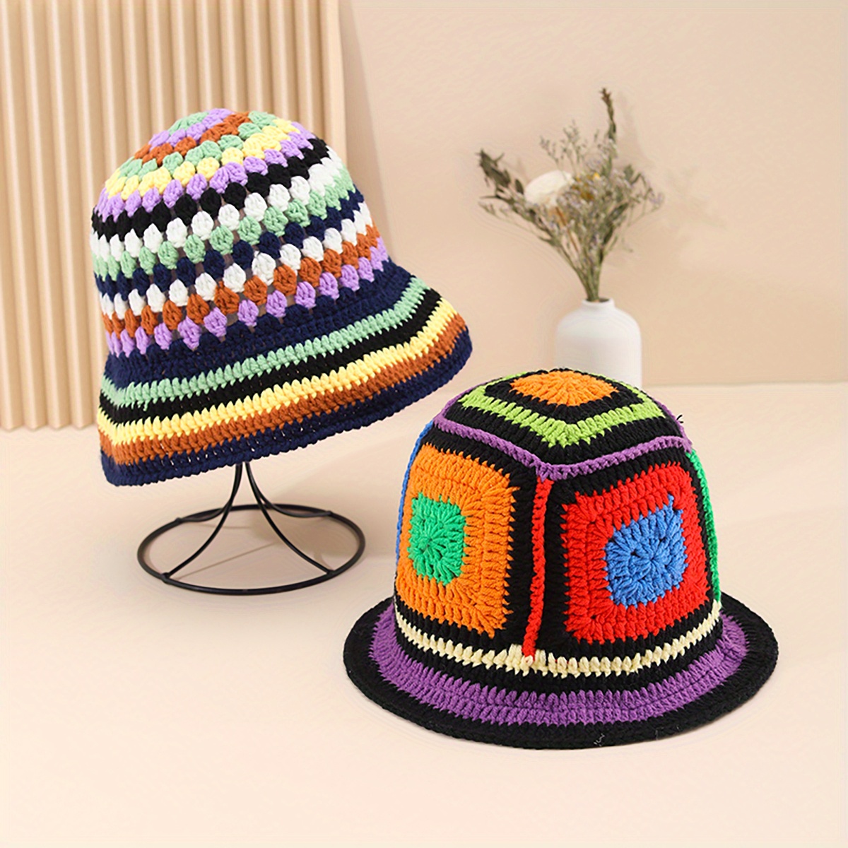 Colorful Scrappy Crochet Bucket Hat With Strings / White Unisex Fisherman  Hat / Bowler Hat 