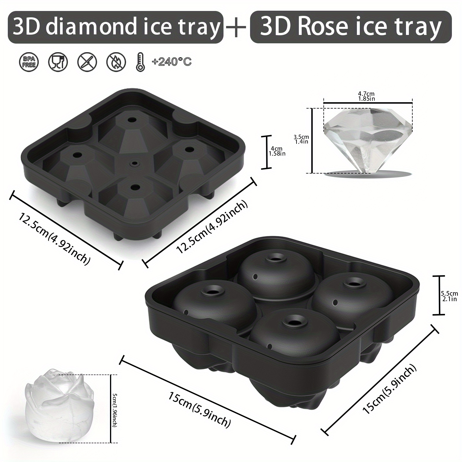 Ice Cube Trays for Freezer with Lid, Large Square Silicone Molds Circle  Round Rose Diamond Ice Molds, Silicone Large Ice Cube Molds for Whiskey