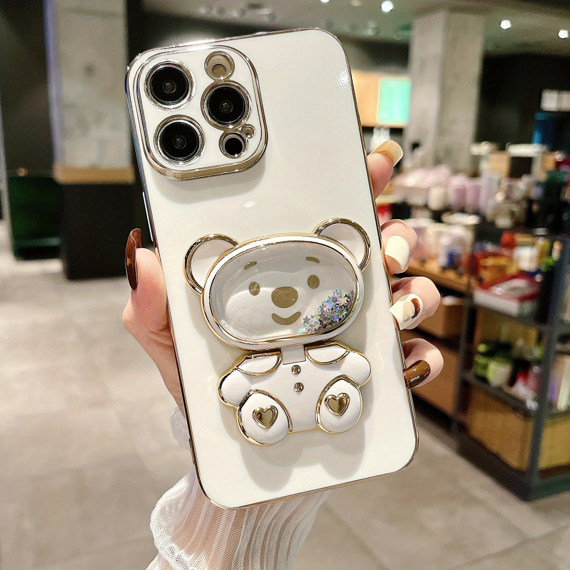 Bear Liquid Mirror Bracket Phone Case Suitable Iphone 15 15 Temu