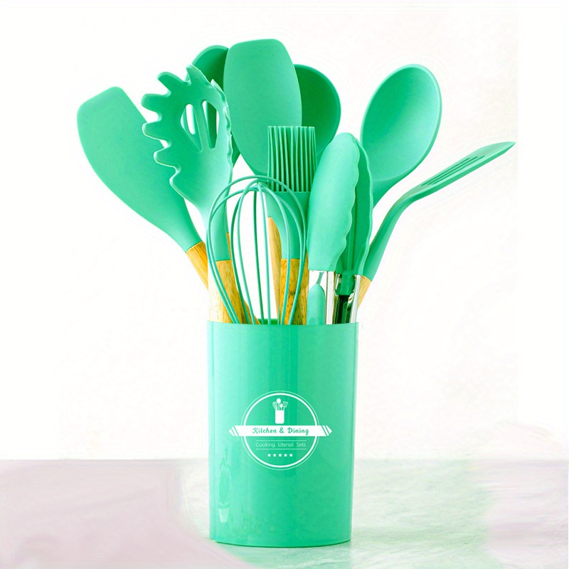 13 Piece Silicone Kitchen Utensil Set Heat Resistant Kitchen Gadgets with  Anti Spill Tool (Green)