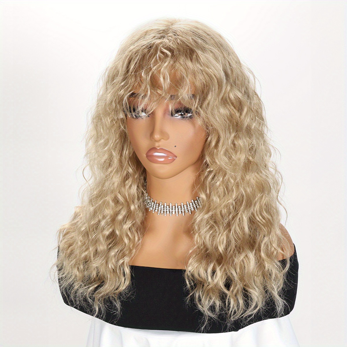 Perruque Blonde Longue Avec Frange Et Boucles - Synthétique, Style Naturel
