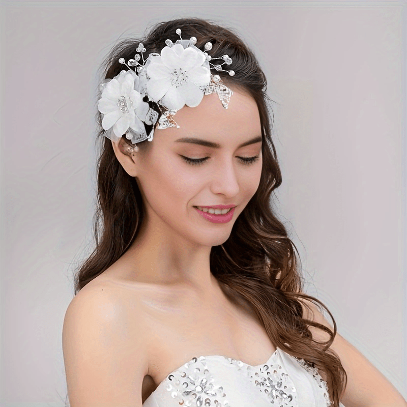 White Floral Headband Veil for Women and Girls, Bridal Hair Piece