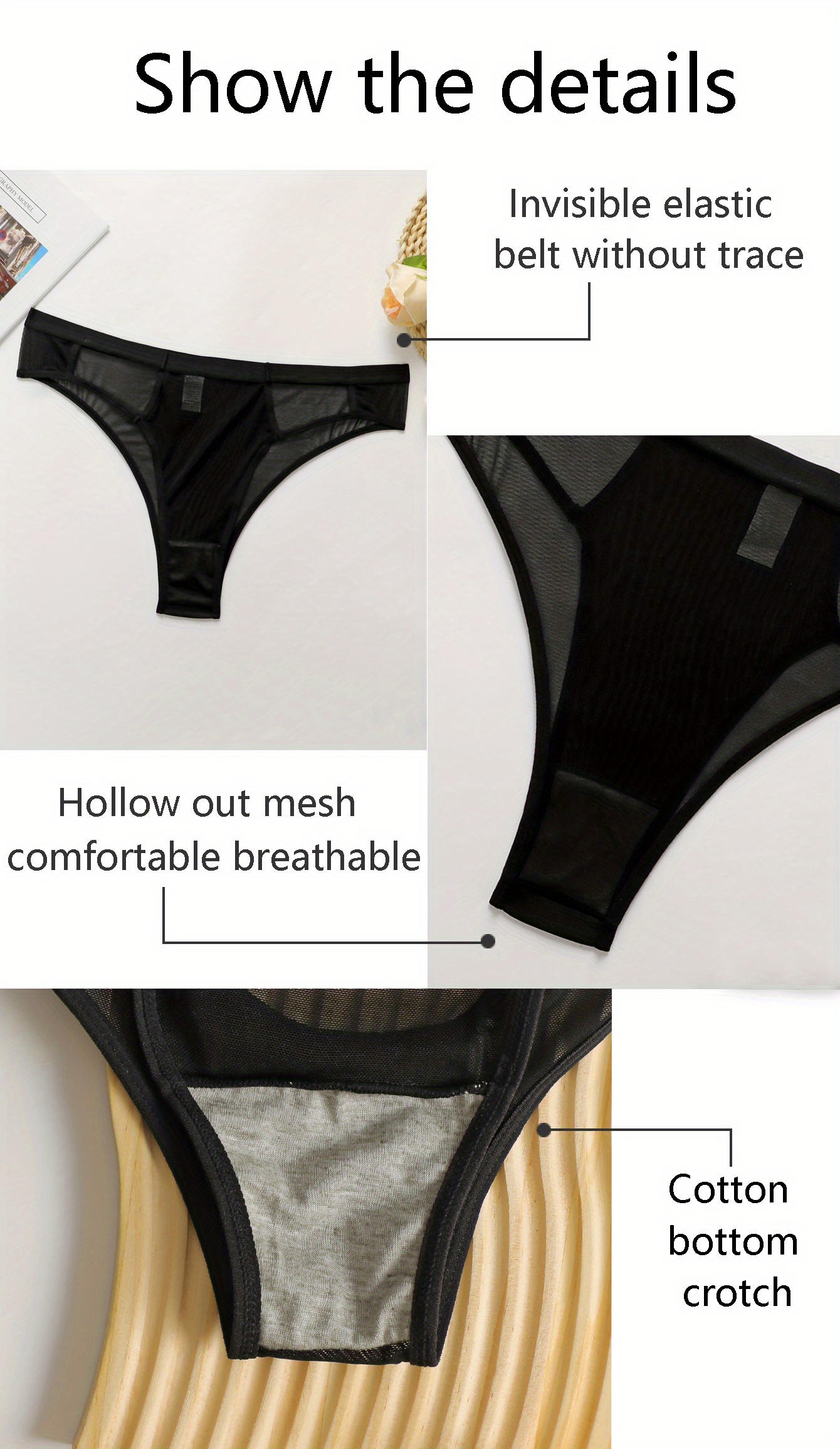 Plus Size Sexy Panty, Women's Plus Contrast Mesh Cut-out Breathable  Transparent Thong