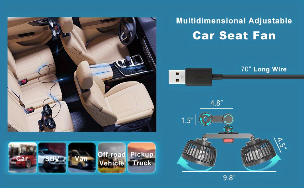 car fan powerful rear seat back usb interface double head electric fan   small and portable does not     car supplies picnic travel summer essential beach vacation essential back to school supplies details 1