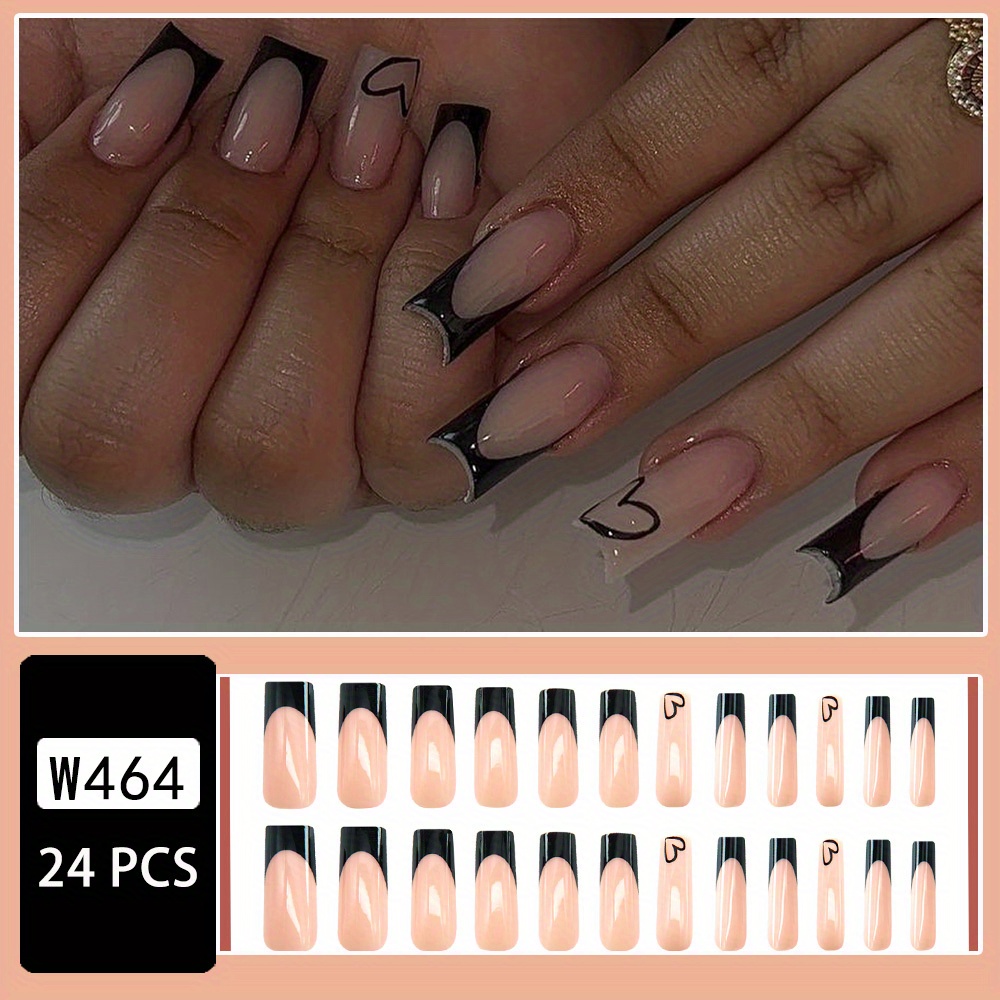 Glossy Long Square Fake Nails Black French Tip Press On - Temu