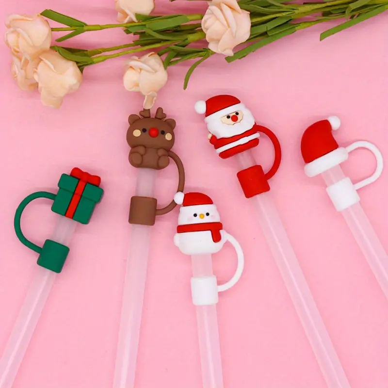 9pcs Christmas Straw Toppers Straw Covers Cap Christmas Straw Covers for Reusable Straws Holiday Straw Covers Cute Silicone Straw Tips Stanley Cup