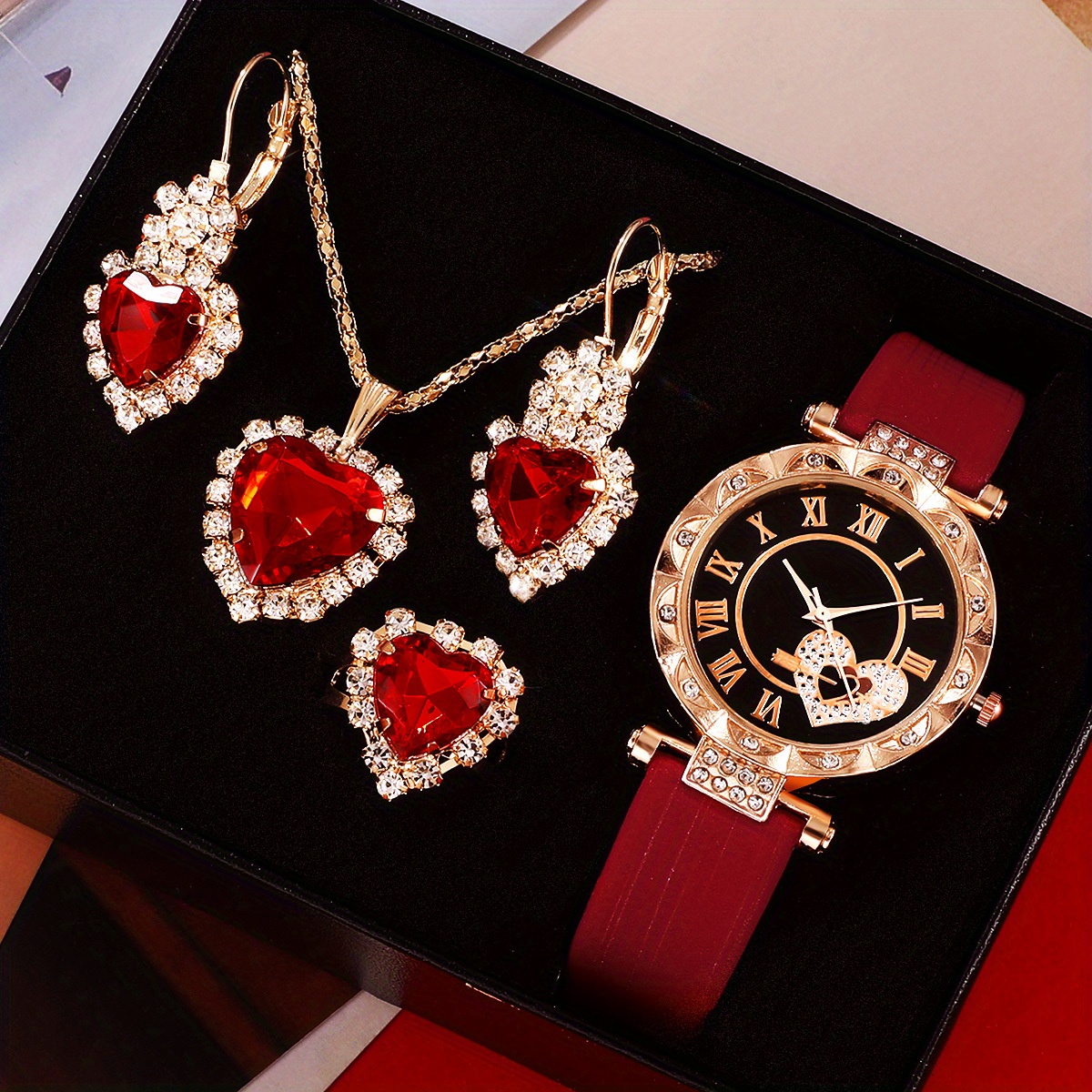 5pcs/set Women's Cute Heart Quartz Watch Elegant Rhinestone Analog Wrist  Watch & Jewelry Set, Valentine's Day Gift For Her