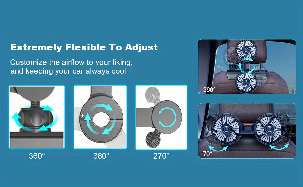 Автомобильный вентилятор мощный задний сиденье USB интерфейс двойной электрический вентилятор маленький и портативный, не требует много места. Автомобильные принадлежности, необходимые летом для пикников, путешествий и отдыха на пляже, а также важные принадлежности для возвращения в школу. Подробности 3.