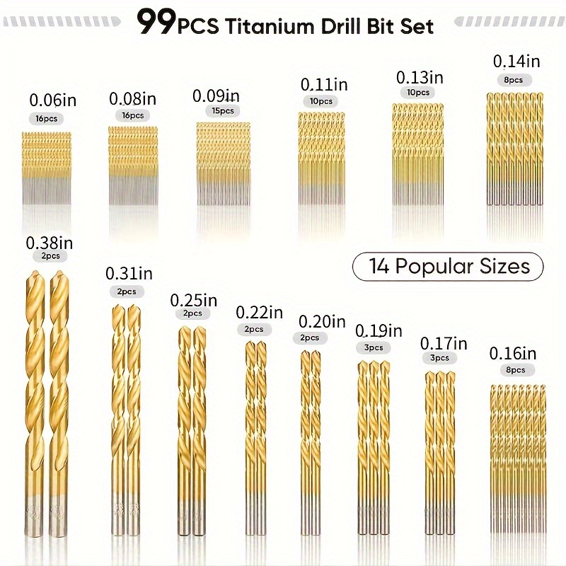  Paquete de 12 brocas recubiertas de nitruro de titanio de 1/4  pulgadas, acero de alta velocidad M2 de alta calidad, longitud de trabajo,  para metal, plástico, madera : Herramientas y Mejoras