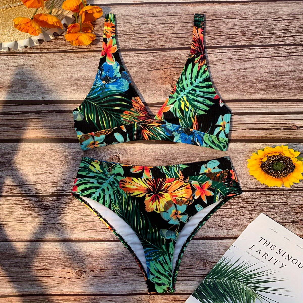 Tropical Plant Print Rib Knit 2 Piece Bikini Swimsuit, V Neck High Strech  High Waist Bathing Suit, Women's Swimwear & Clothing