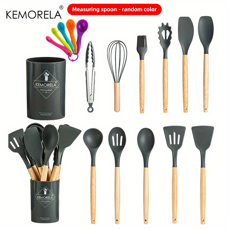 Silicone Kitchenware Utensils Set Heat Resistant Non-Stick Spatula Wooden  Handle Cooking Utensils Baking Tools With Storage Box