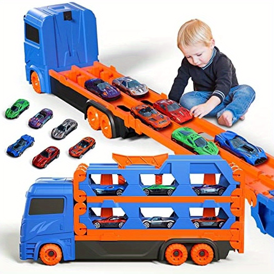  TEMI - Juego de vehículos de transporte de juguete para niños  de 3, 4, 5 y 6 años de edad, incluye alfombra de juego, camiones de juego  fundidos a presión, modelos
