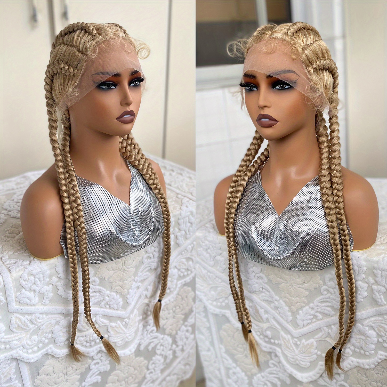 Synthetic Lace Wig Braided Wigs Blonde Burgundy Brown - Temu