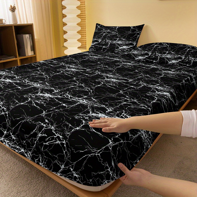 1pc marble brushed print fitted sheet soft comfortable bedding mattress protective cover for bedroom   with deep pocket fitted bed sheet only details 1