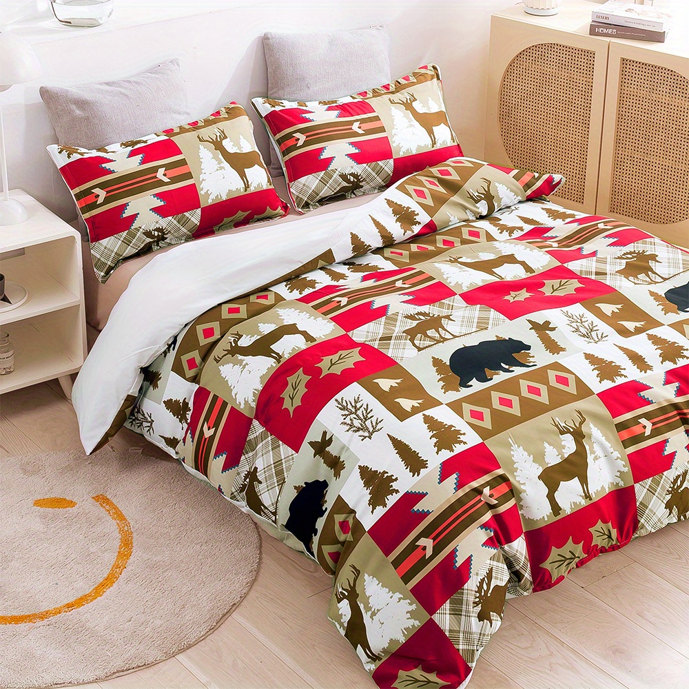 Polyester Christmas Theme Duvet Cover Set Rustic Style Deer Temu