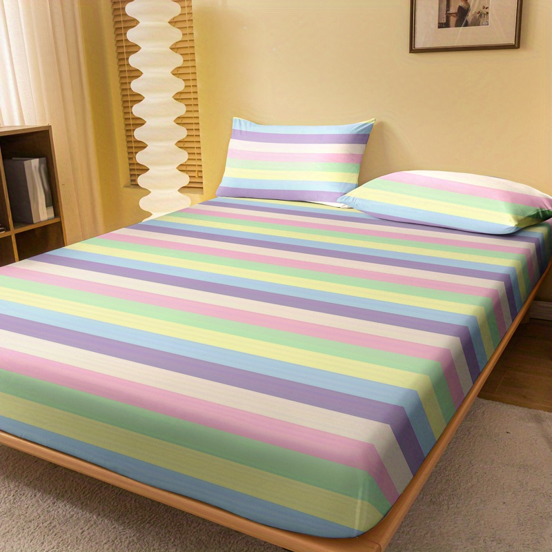 1pc striped brushed fitted sheet soft comfortable bedding mattress protective cover for bedroom   with deep pocket fitted bed sheet only details 2