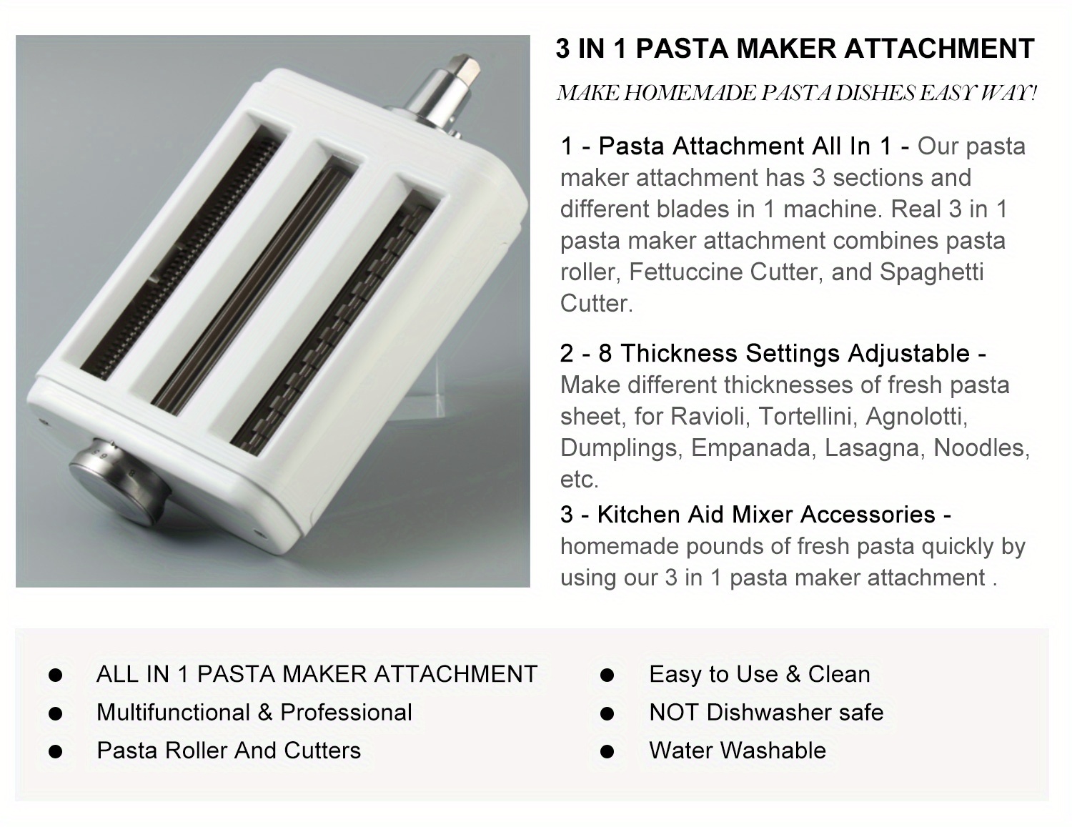 Accessorio per pasta per KitchenAid, per mixer a pavimento, accessori 3 in  1, per tagliatella, taglierina per spaghetti, set di accessori con rullo  per pasta : : Casa e cucina