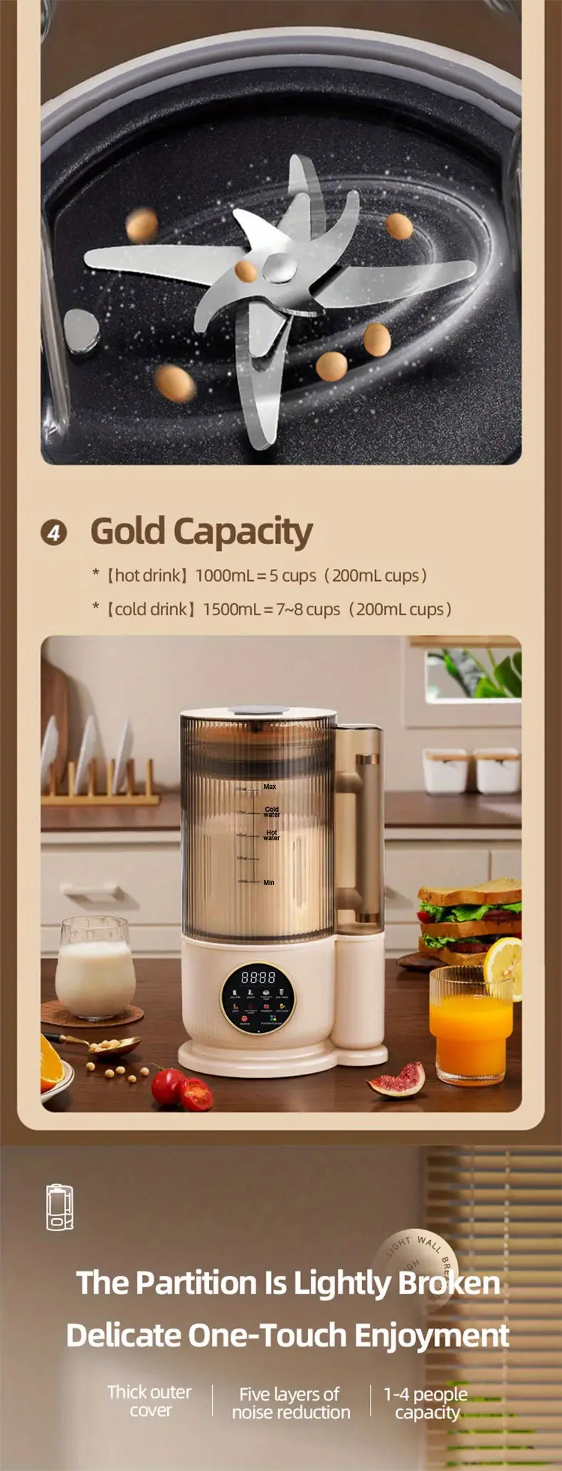 high boron glass bass blender home heating automatic soybean milk machine food supplement machine mute soft sound multi functional raw juice electromechanical electric kettle coffee pot with soundproof cover 1500ml large capacity for 2 8 persons details 3