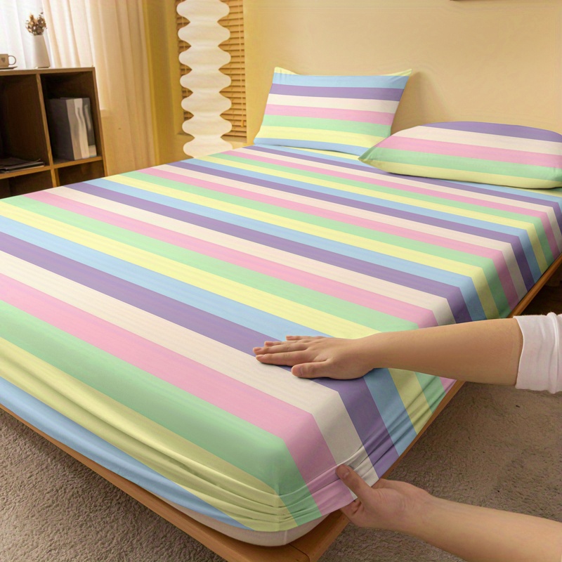 1pc striped brushed fitted sheet soft comfortable bedding mattress protective cover for bedroom   with deep pocket fitted bed sheet only details 1