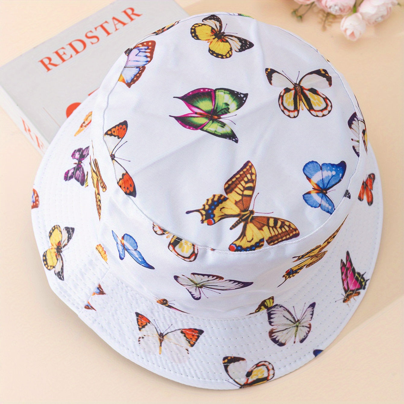 1pc Unisex Cute Sunshade Bucket Hat Butterfly Printed Double Sided Sun Hat  Seaside Beach Vacation, Free Shipping New Users