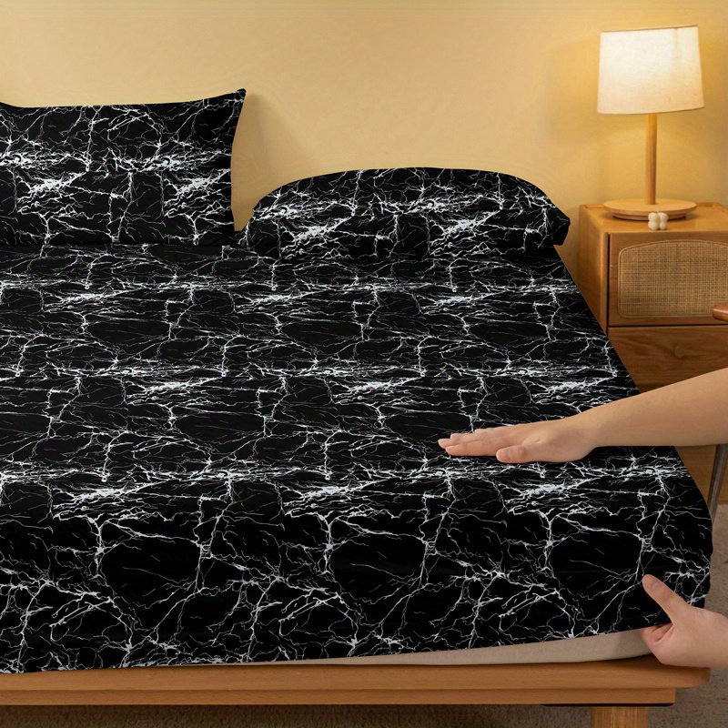 1pc marble brushed print fitted sheet soft comfortable bedding mattress protective cover for bedroom   with deep pocket fitted bed sheet only details 3