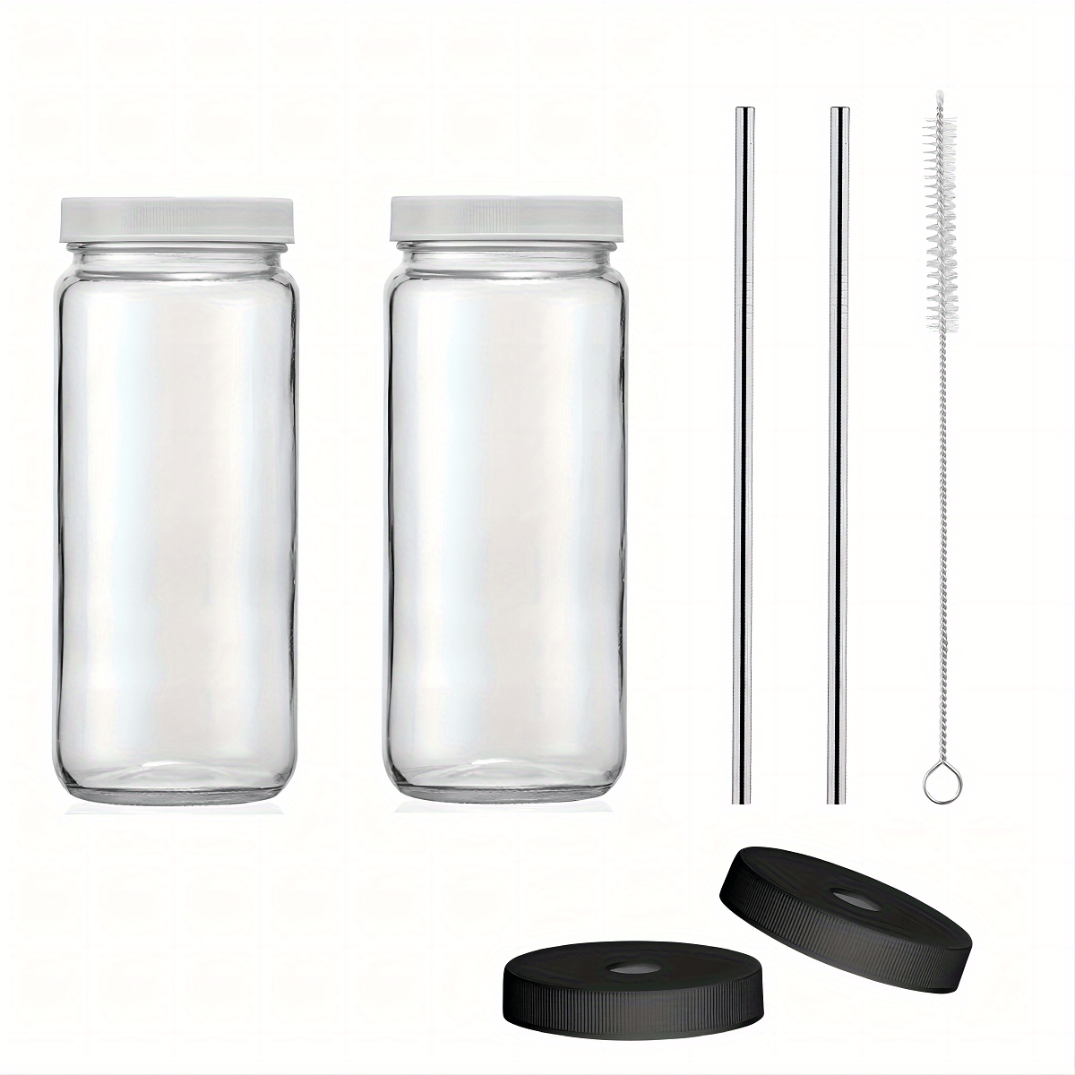 [ 8 Pack ] Glass Juicing Bottles with 2 Straws & 2 Lids w Hole- 16 OZ  Travel Drinking Jars, Water Cups with Black Airtight Lids, Reusable Tall  Mason