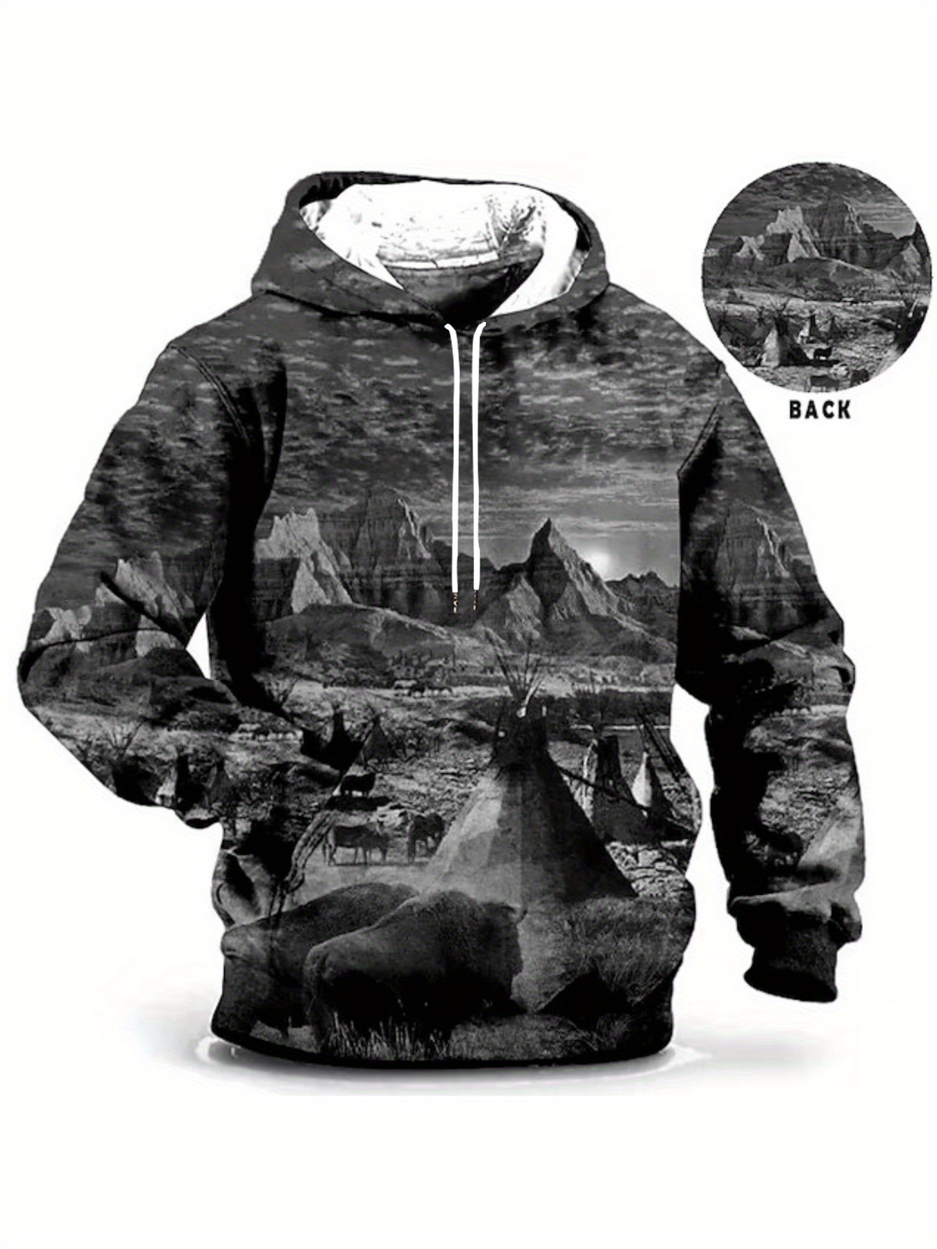 Plus Size Men's 3d Mountain Animal Print Hooded Sweatshirt - Temu