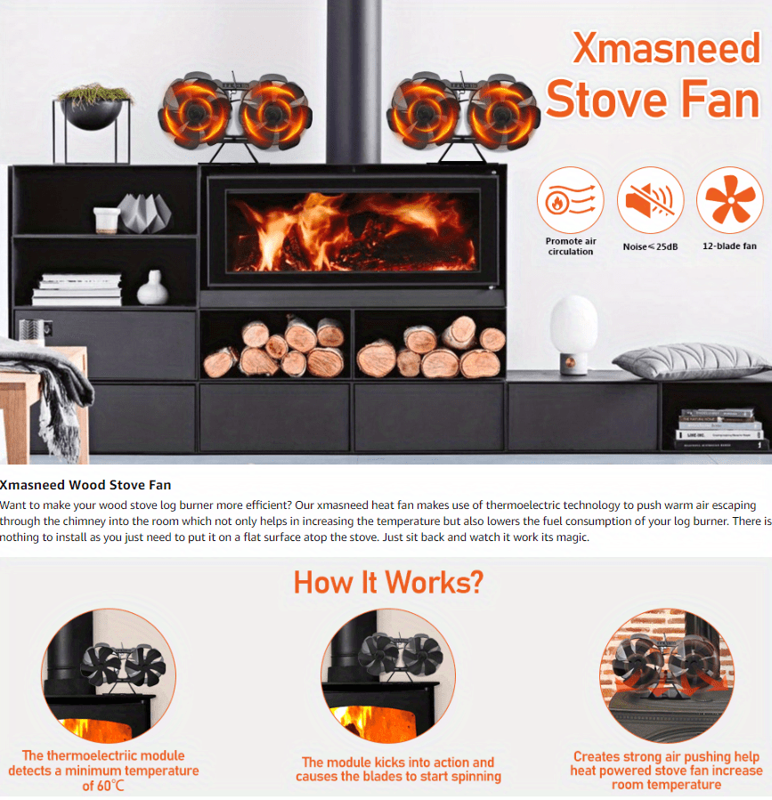1pc Wood Stove Fan Heat Powered 12 Blade Dual Motors Fireplace Fan Non  Electric Thermoelectric Fan Ecofan For Wood Burning Stove Pellet Log Burner  With Accessories Magnetic Thermometer - Home u0026 Kitchen - Temu