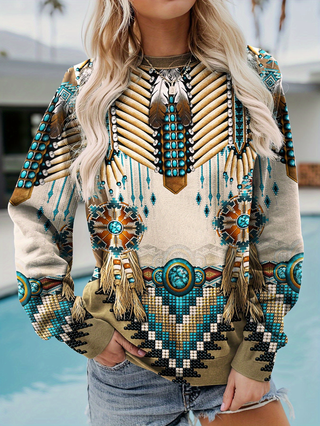 Ethnic Print Sweatshirt Vintage Crew Neck Long Sleeve - Temu