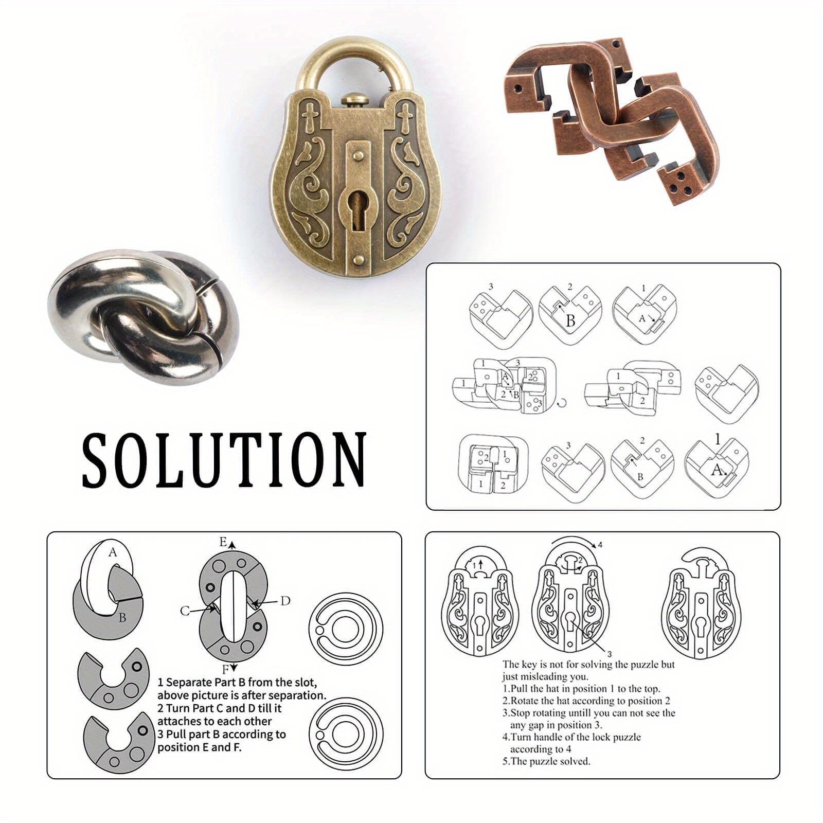 Casse-tête en métal pour adultes et enfants, solutions de puzzle