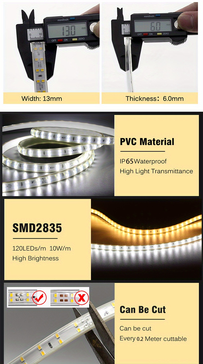 LED Strip Light 220V Waterproof 2835 SMD 120LEDs/m High Brightness Flexible  LED Ribbon With EU Switch Plug For Home Garden Decor