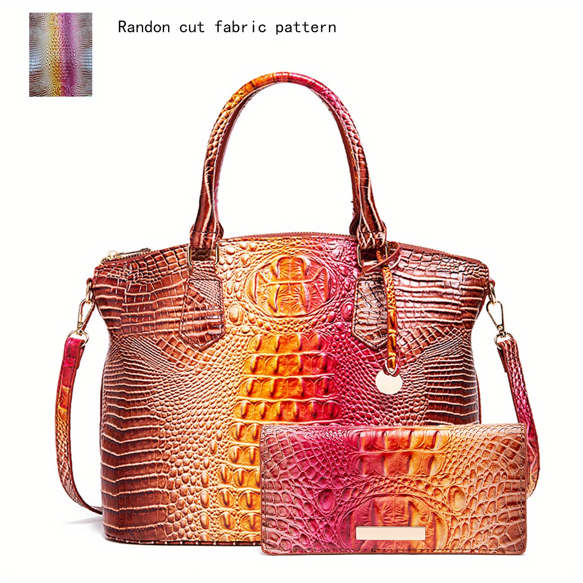 Women Retro Crocodile Pattern Leather Handbag Fashion Tote Handle Bag with Zipper and Shoulder Strap Rose Red