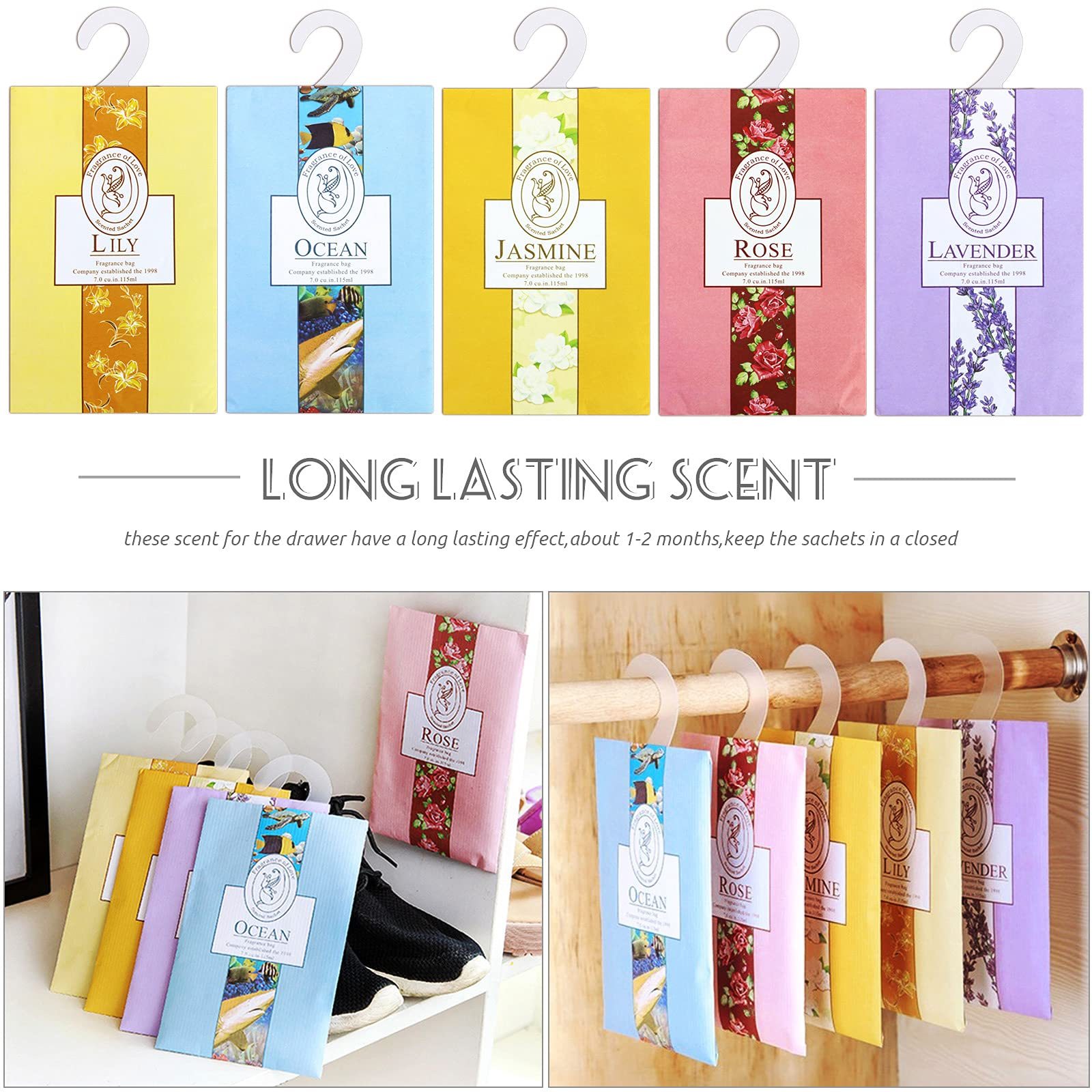 5pcs, Long-Lasting Scented Sachets for Drawers and Closets - Home Hanger  Bags Included - Fragrance Sachets for