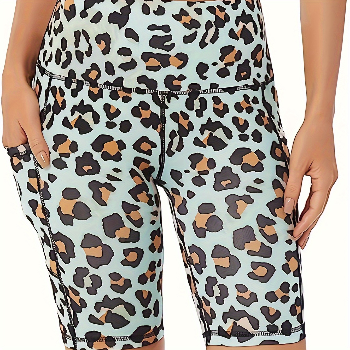 Plus Size Sports Shorts, Women's Plus Leopard Print Tummy Control Wide Waistband Gym Shorts With Phone Pockets