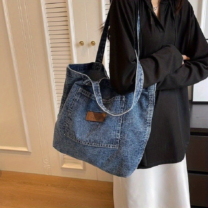 Vintage Denim Shoulder Bag, Retro Large Capacity Tote Bag, Women's Casual  Handbag & Shopping Bag